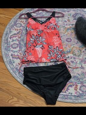 Floral Red Tankini Swim Top & Black High-Waist Bottoms